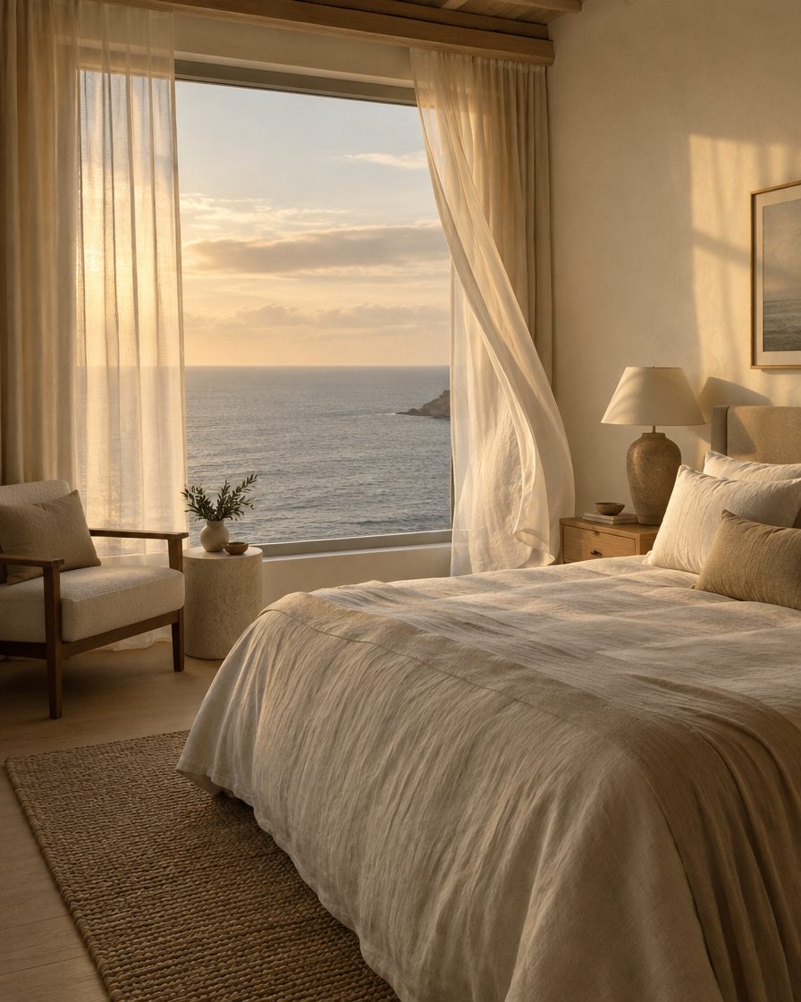 Linen bed and sheer curtain in a coastal hotel room at golden hour