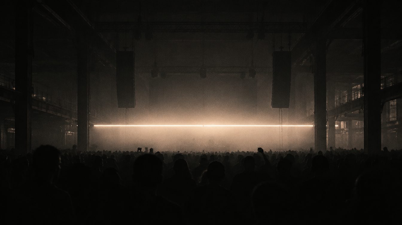 Crowd silhouettes beneath a single strip of light in a dark hall