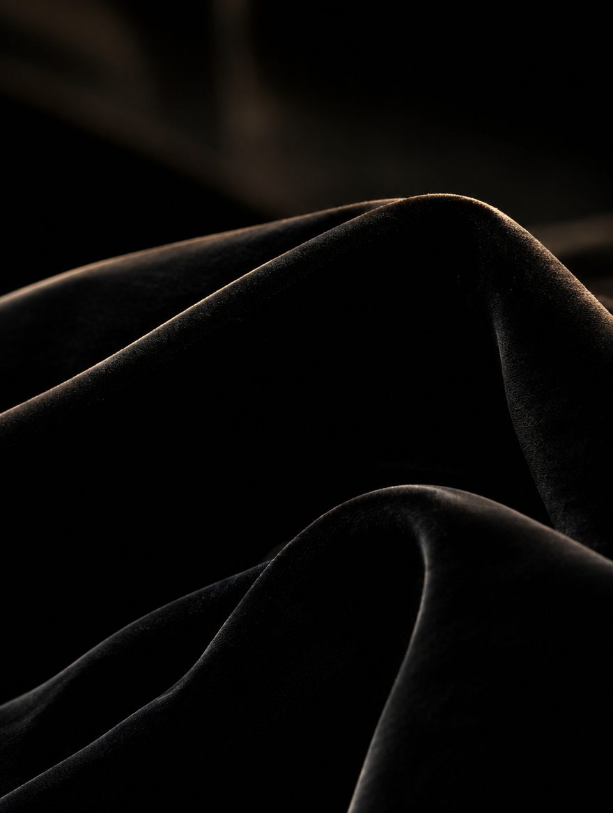Folds of ultra-black velvet fabric catching a single warm rim of light