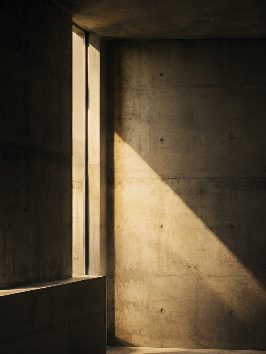Diagonal beam of warm light across a raw concrete wall