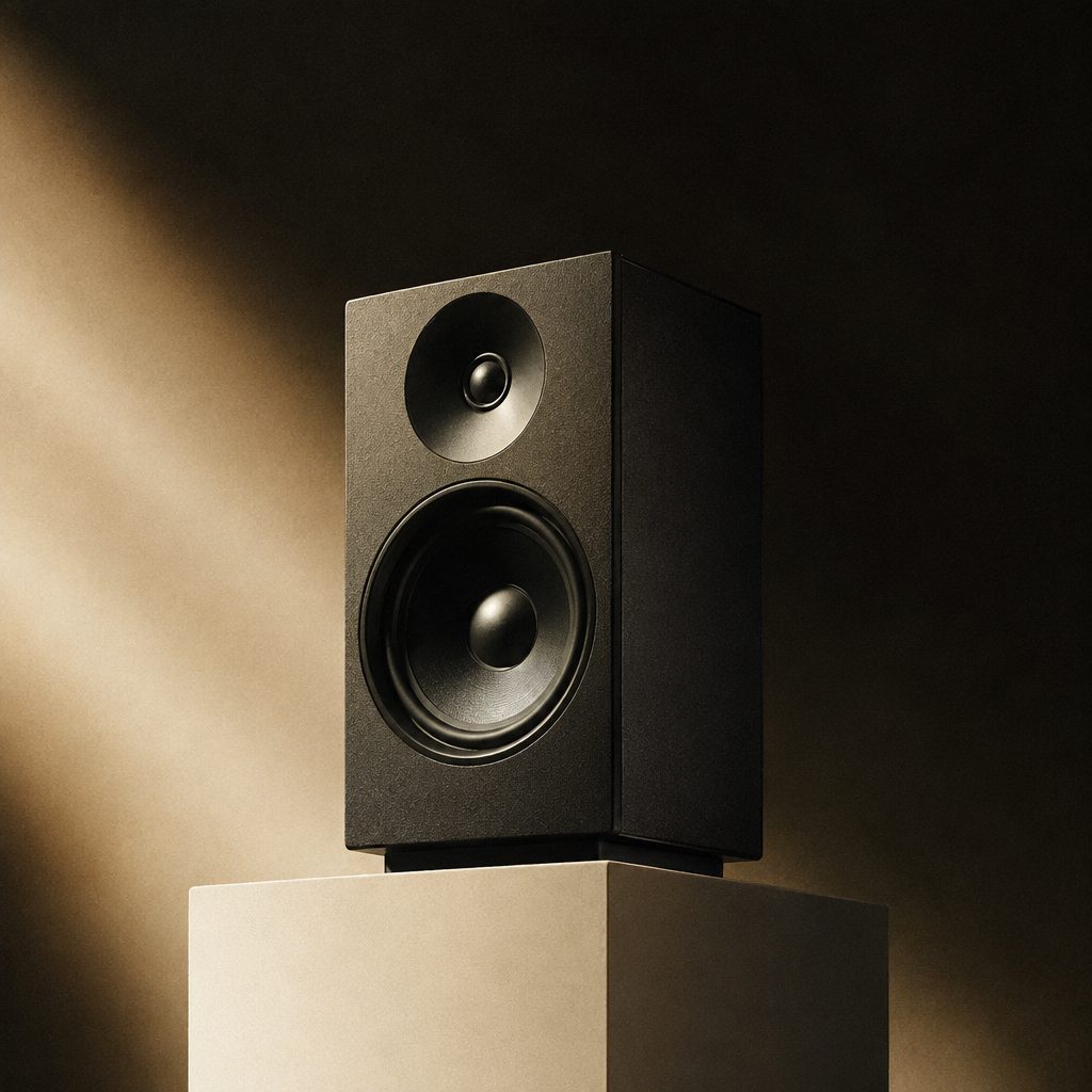 Matte black hi-fi speaker on an ivory plinth