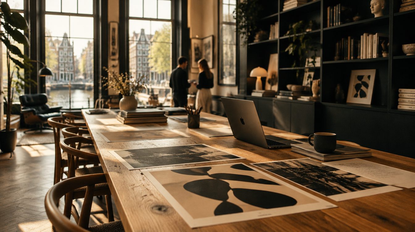 The VANTA studio: a long oak table with printed work, tall canal-house windows behind